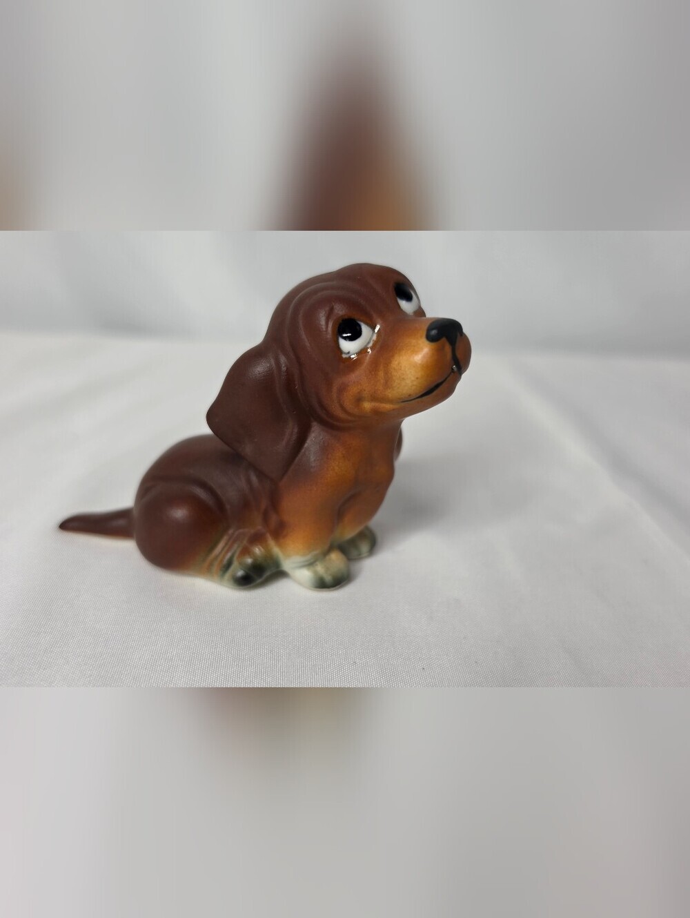 Vintage Enesco Sad Puppy Dog Figurine Ceramic Brown Sad Eyes Dachshund Hound 3"